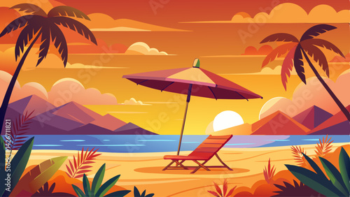 Very beautiful A tranquil beach scene featuring a sun lounger and an umbrella under a vibrant orange sky.