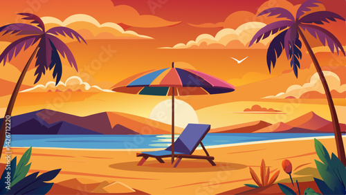 Very beautiful A tranquil beach scene featuring a sun lounger and an umbrella under a vibrant orange sky.
