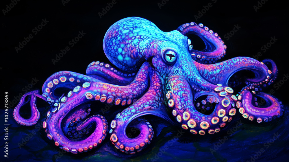 Obraz premium Bioluminescent Octopus Radiating Blue and Purple Hues in Deep Ocean Darkness