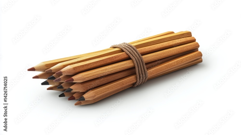 A bundle of pencils tied with a rubber band, isolated on a pure white background, realistic lighting and shadow, ideal for cut-out and compositing A bundle of pencils tied with a rubber band, isolated on a pure white background, realistic lighting and shadow, ideal for cut-out and compositing