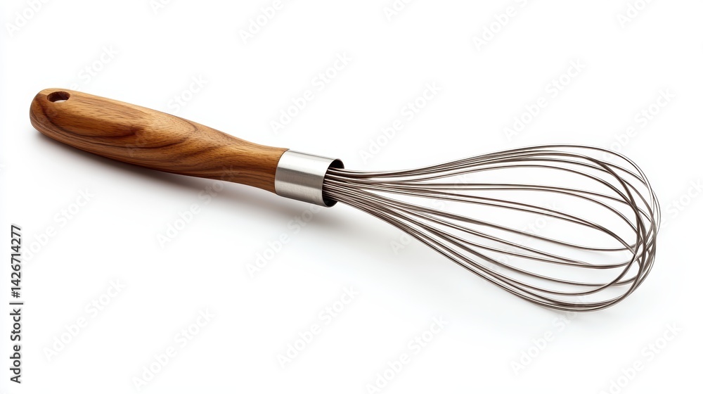 A whisk with wooden handle isolated on a pure white background, realistic lighting and shadow, ideal for cut-out and compositing A whisk with wooden handle isolated on a pure white background, realistic lighting and shadow, ideal for cut-out and compositing