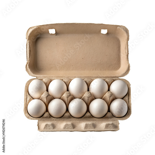 Carton of Ten White Chicken Eggs in Paper Tray on Transparent Background