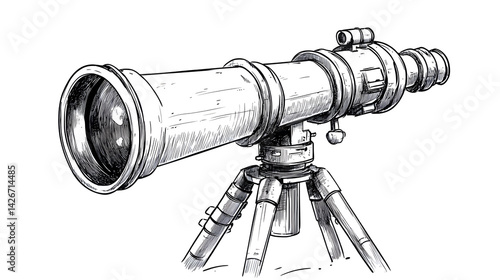 Detailed Hand Drawn Line Drawing Doodle of a Large Telescope for Astronomy Enthusiasts