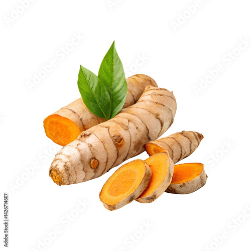 Fresh Organic Turmeric Root with Green Leaves on Transparent Background