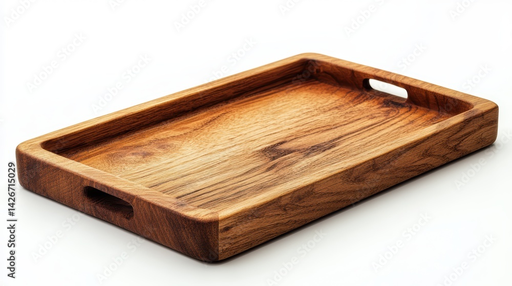 A wooden serving tray isolated on a pure white background, realistic lighting and shadow, ideal for cut-out and compositing A wooden serving tray isolated on a pure white background, realistic lighting and shadow, ideal for cut-out and compositing