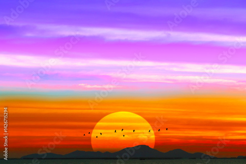 sunset colorful purple white pink with silhouette mountain hill near the sea and birds flying back home