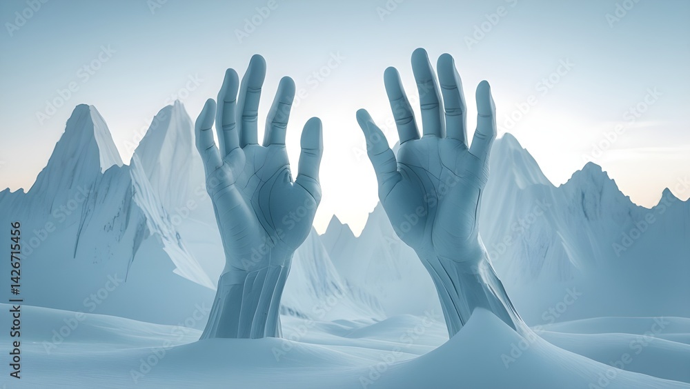 Fototapeta premium Reaching Hands in a Snowy Mountain Landscape with Calm Sky