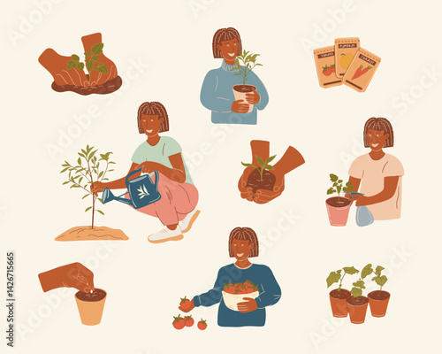 Black Womans Garden Enterprise Vector Clipart Set
