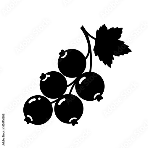 Black currant branch with berries and leaves in silhouette style  