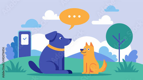 A dog sitting listlessly in a backyard with a speech bubble saying I need soing fun to do while a human hand holds a phone with the app open.. Vector illustration