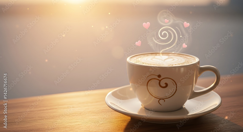 Obraz premium Coffee Cup on Wooden Table with Steam and Hearts