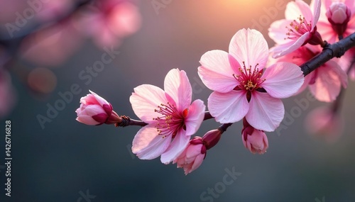 Delicate pink sakura blossoms, intricate branch pattern, design, springtime, subtle