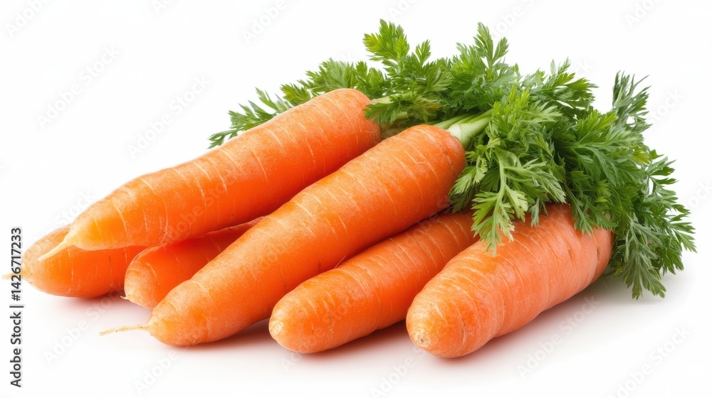 A bunch of fresh carrots with leaves isolated on a pure white background, realistic lighting and shadow, ideal for cut-out and compositing A bunch of fresh carrots with leaves isolated on a pure white background, realistic lighting and shadow, ideal for cut-out and compositing