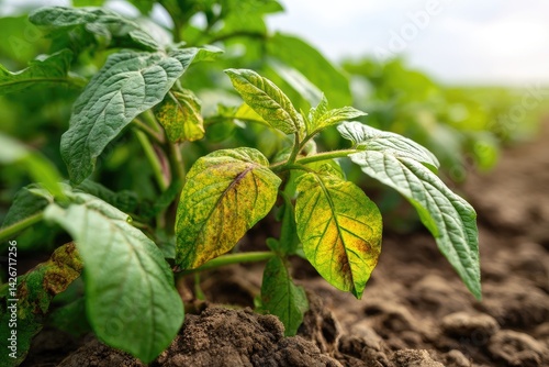 Close-up of diseased tomato plants showing leaf discoloration.