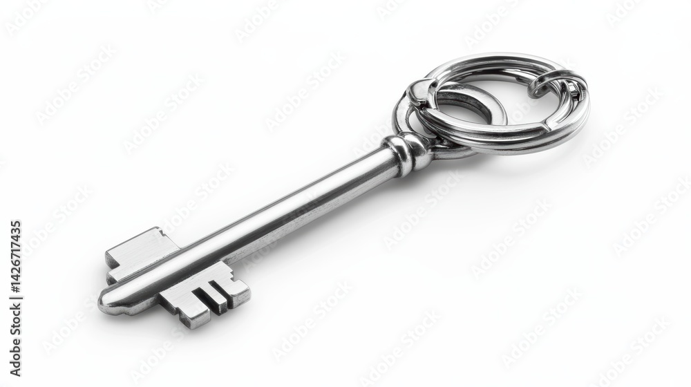 A silver key with keychain isolated on a pure white background, realistic lighting and shadow, ideal for cut-out and compositing A silver key with keychain isolated on a pure white background, realistic lighting and shadow, ideal for cut-out and compositing