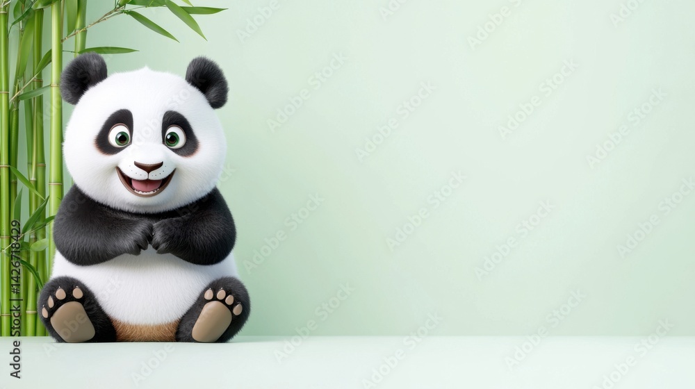 Fototapeta premium Adorable Cartoon Panda, Bamboo, Green Background