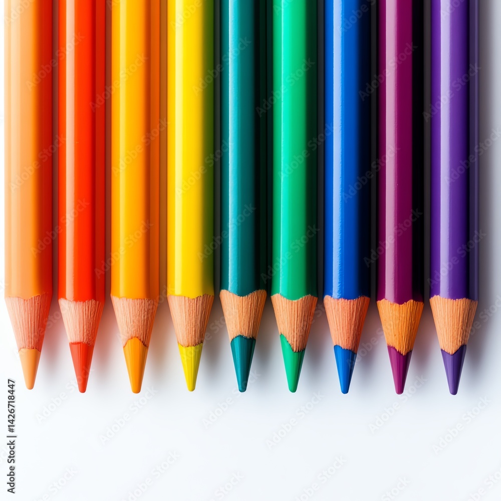 Vibrant colored pencils arranged in a neat row on a white surface. Vibrant colored pencils arranged in a neat row on a white surface.