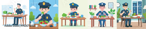 vector set of police officers eating vegetables