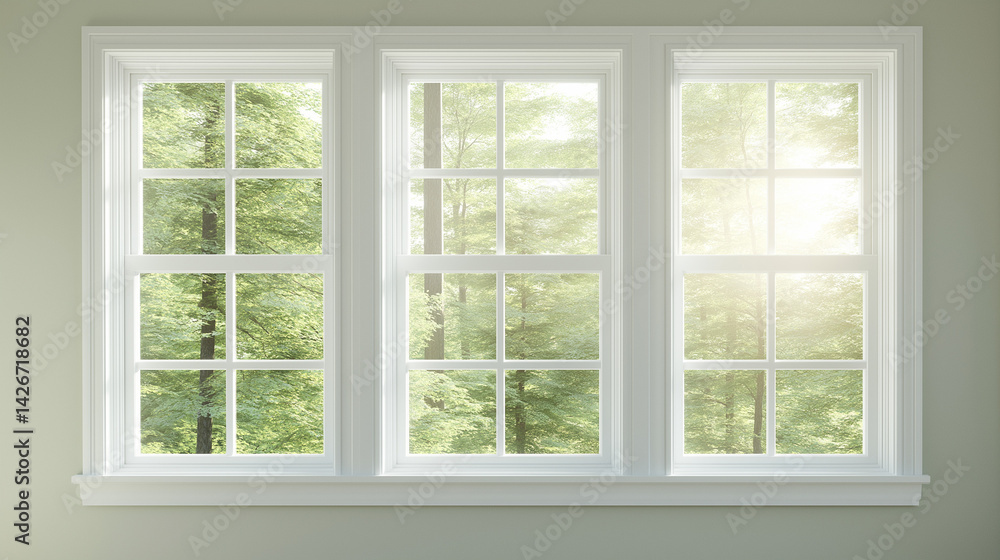 Aesthetic window framed view: A bright and airy window offers a captivating view of a lush green forest, with sunlight streaming through the glass. It embodies a sense of openess. Aesthetic window framed view: A bright and airy window offers a captivating view of a lush green forest, with sunlight streaming through the glass. It embodies a sense of openess.