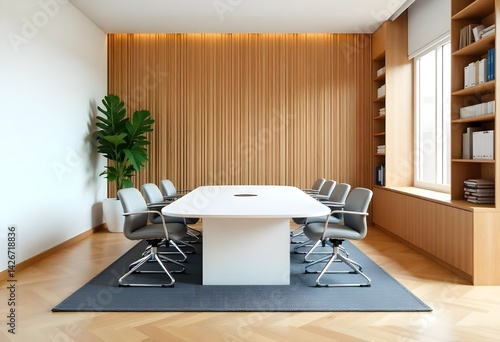 Modern minimalist conference room with natural light and neutral tones