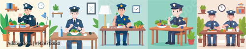 vector set of police officers eating vegetables
