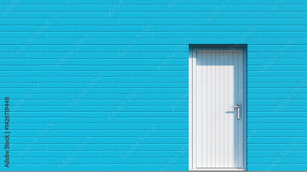 Serene Entrance: A crisp, contemporary image showcasing a bright, clean white door set against an ocean blue, textured wall, creating a sense of calm. Serene Entrance: A crisp, contemporary image showcasing a bright, clean white door set against an ocean blue, textured wall, creating a sense of calm.