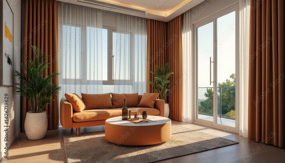 Fototapeta premium Showcase bright living room with warm color palette and large windows, featuring quality furniture in condo apartment building