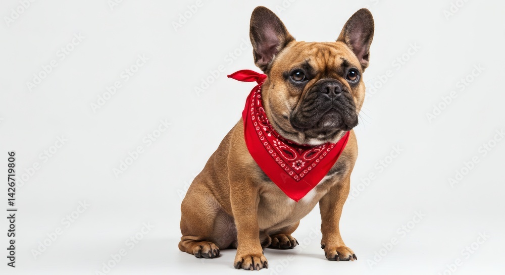 Obraz premium A charming french bulldog with a red bandana poses against a clean white background.