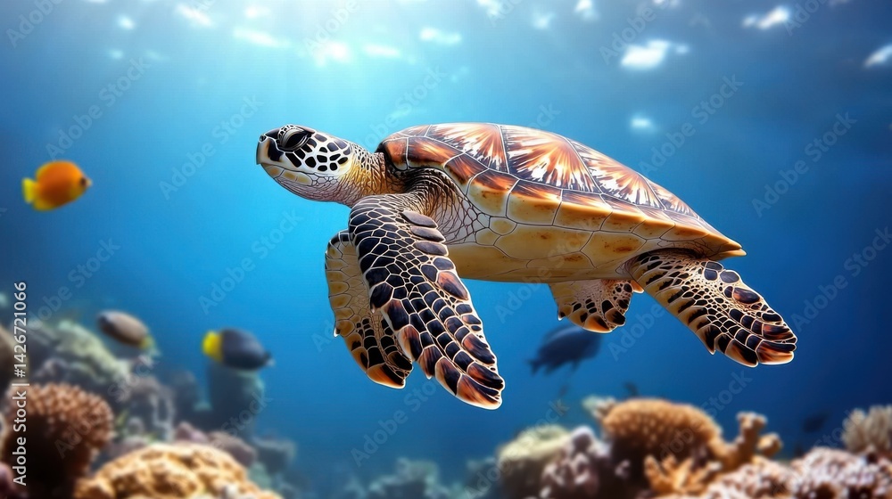 Fototapeta premium Majestic Sea Turtle Underwater Coral Reef