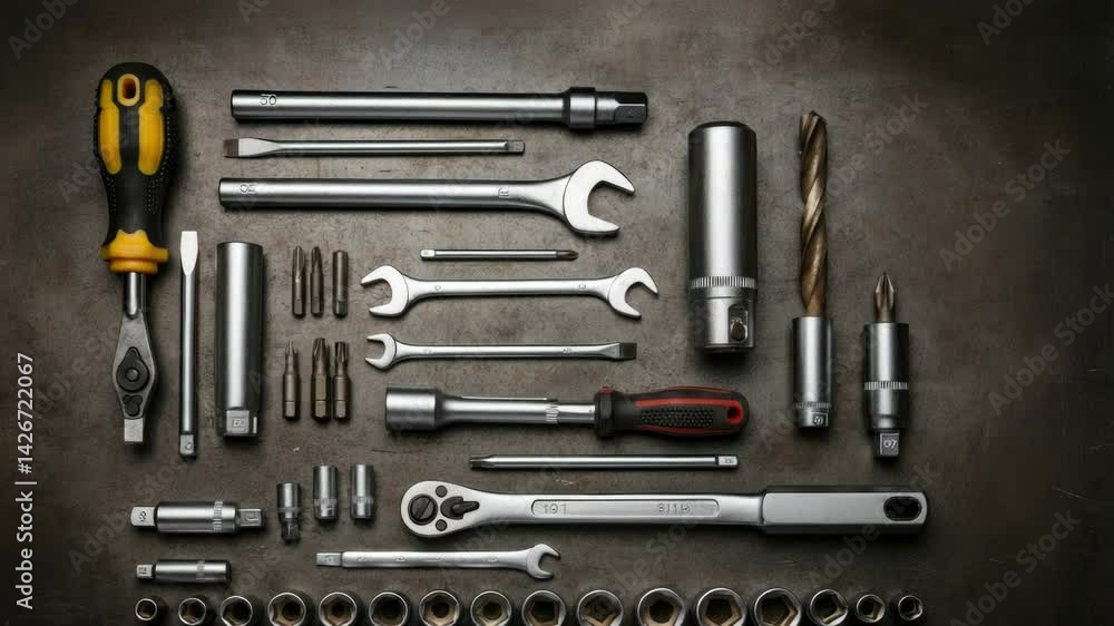 Organized set of assorted hand tools on dark surface Organized set of assorted hand tools on dark surface