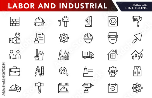 Labor and Industrial line icon set. Renovation, labor day, worker, safety, job, engineer outline icon collection. UI thin outline icon pack