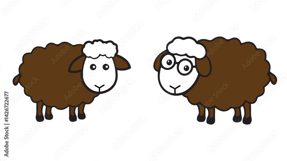 Fototapeta premium Cute Cartoon Brown Sheep Pair – Funny Farm Animal Clipart with Glasses