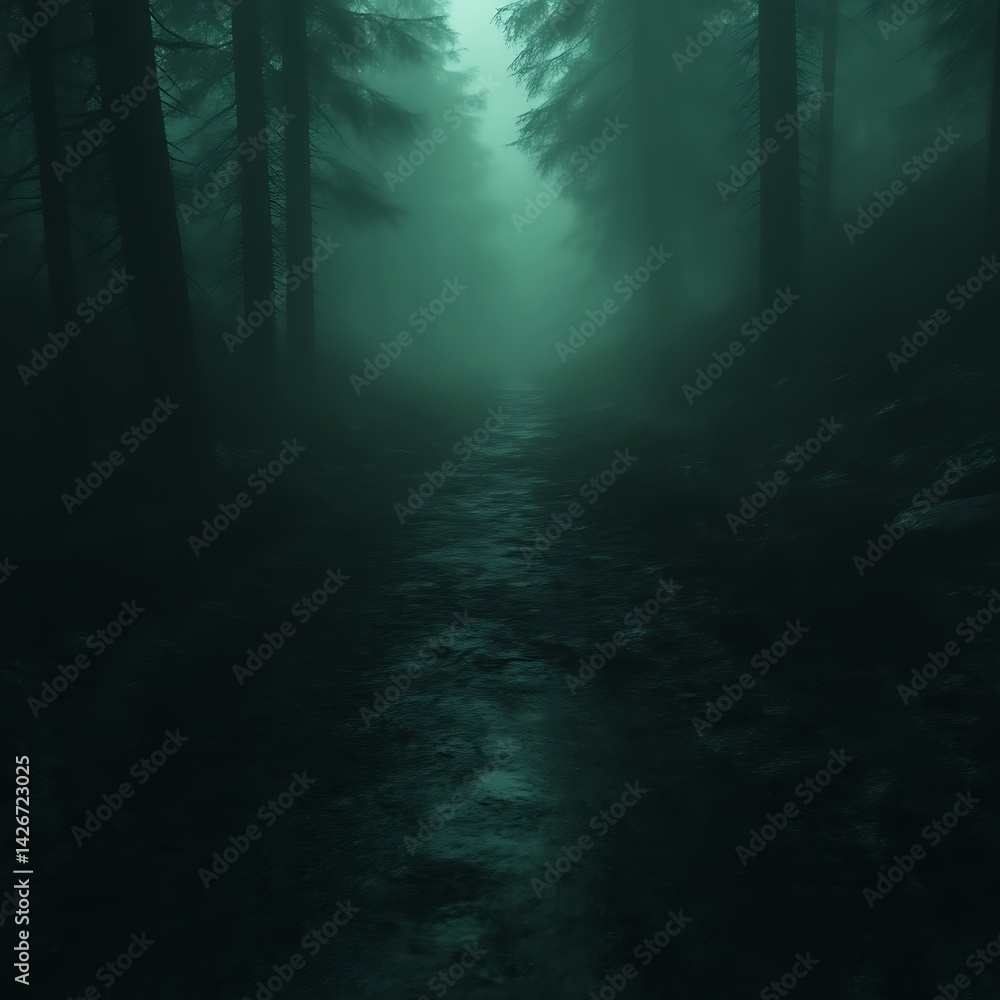 Dark Path Through Foggy Forest Dark Path Through Foggy Forest