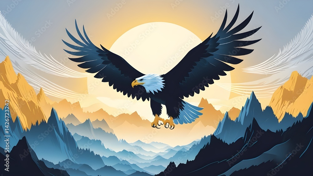 Obraz premium Eagle Flying Over Mountain Landscape Vector Illustration