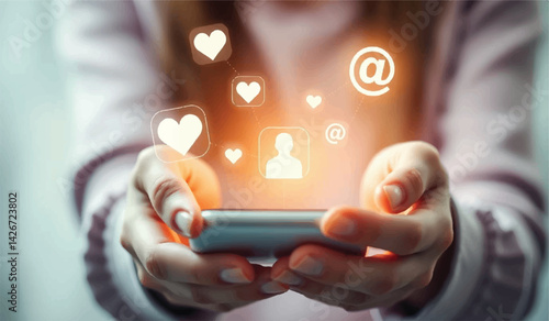  Engaging Online: Woman Using Phone with Social Media Icons