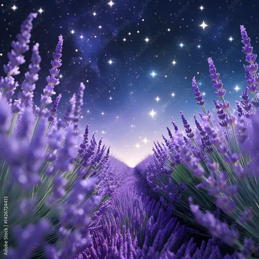 Naklejka premium Lavender Field Under Starry Night Sky Floral Landscape