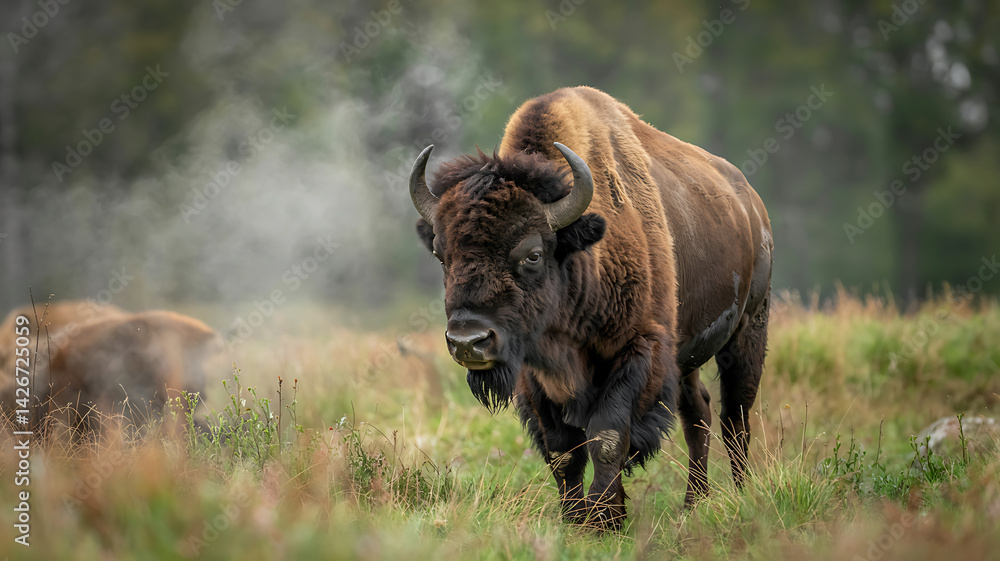Fototapeta premium American bison walks through a grassy field with other bison in the hazy distance.