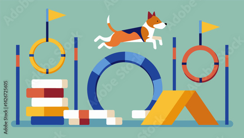 A dog agility course set complete with hurdles tunnels and hoop jumps for an interactive workout session with your pooch.. Vector illustration