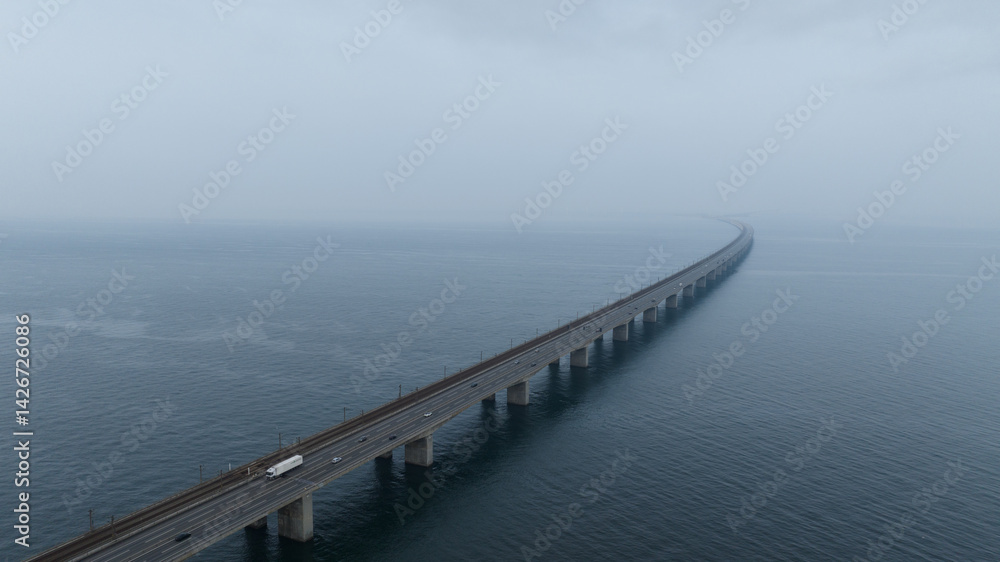 The Great Belt Bridge, traffic bridge in Denmark, infinity bridge. Highway transport and mobility. Aerial view. The Great Belt Bridge, traffic bridge in Denmark, infinity bridge. Highway transport and mobility. Aerial view.