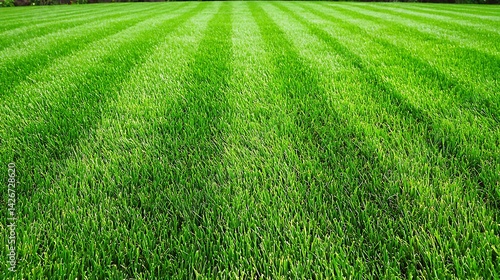 Lush green lawn with perfectly striped mowing pattern