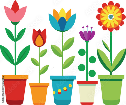 A set of colorful tulips and pink hyacinth bloom in pots, bringing the beauty of spring flowers and nature's growth to a garden decoration