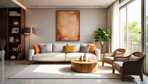 Showcase bright living room with artistic wall decor and quality furniture. Condo idea creative