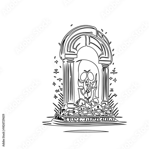Eerie Mausoleum with Skull Sketch in Linear Art