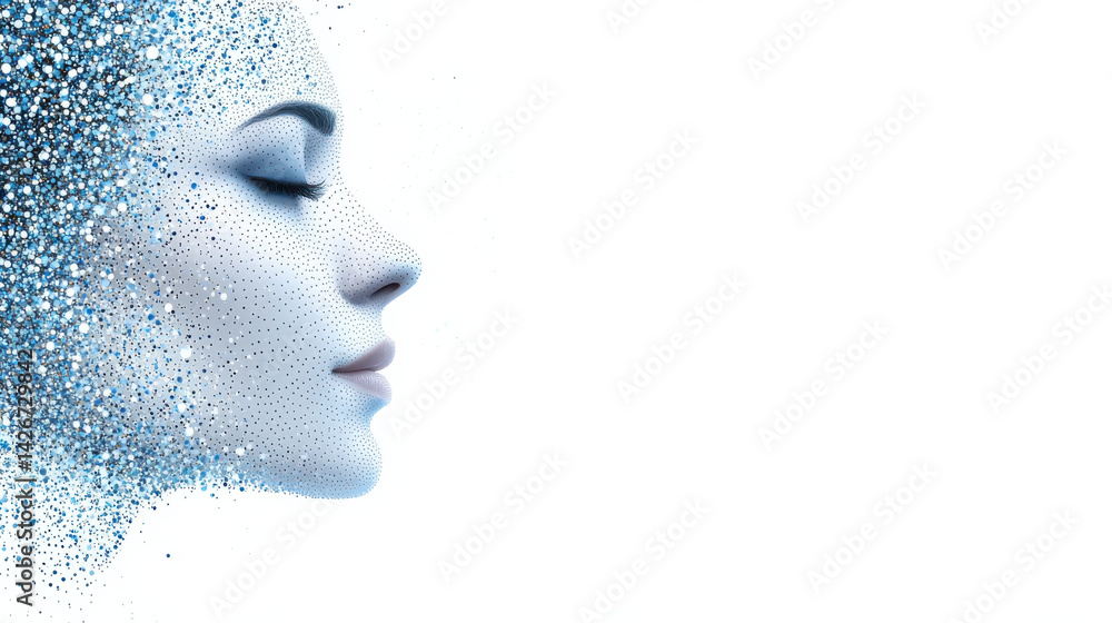 digital art of woman face dissolving into particles digital art of woman face dissolving into particles