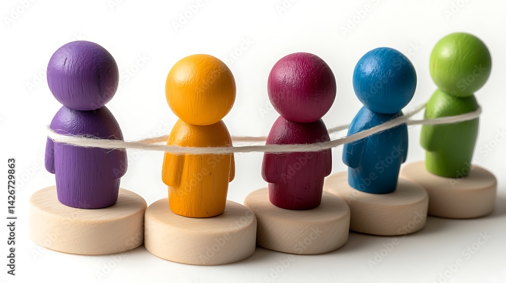 Obraz premium Colorful wooden figures linked by string, symbolizing unity and teamwork
