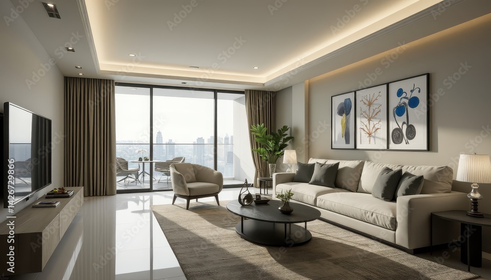 Showcase elegant living room with modern style and city view in bright natural light with quality furniture. Condo idea creative Showcase elegant living room with modern style and city view in bright natural light with quality furniture. Condo idea creative