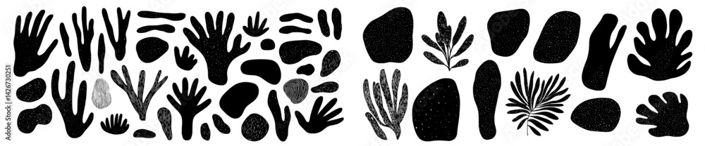 Stylized black and white icon vector illustration of various hand shapes, natural elements, and abstract forms for graphic design projects Stylized black and white icon vector illustration of various hand shapes, natural elements, and abstract forms for graphic design projects