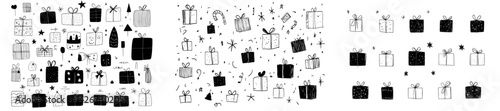 Hand-drawn vector icons of gift boxes with decorative elements and patterns celebrating festive occasions