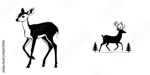 Vector illustrations of deer featuring a walking doe and a standing stag in a forest setting