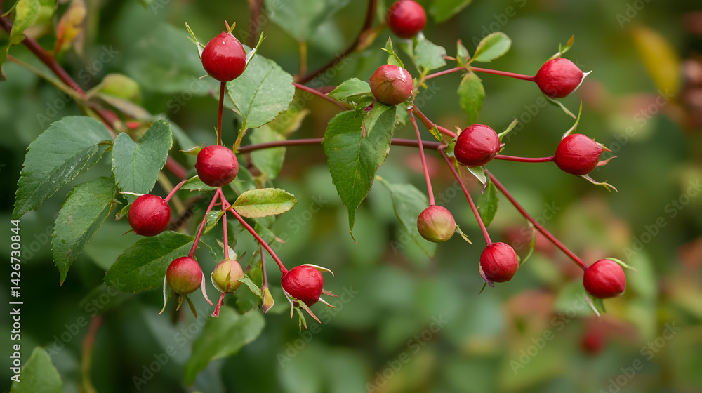 Closeup Red Berries On Wild Rose Branch Closeup Red Berries On Wild Rose Branch